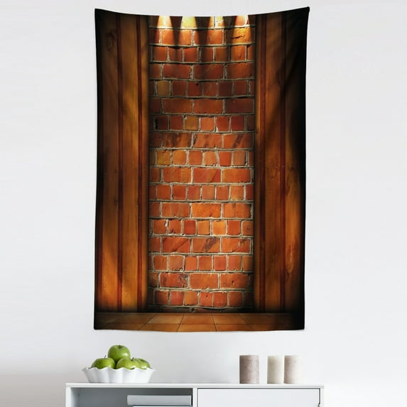 Rustic Wall Tapestry, Wall Semidarkness Brickwork Indoors Concept Shady Empty Country Design Art, Fabric Wall Hanging Decor for Bedroom Living Room Dorm, 5 Sizes, Orange Dark Orange, by Ambesonne