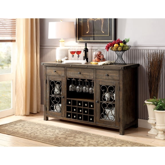 Rustic Walnut 1pc Server Solidwood Metal Functional Storage Drawers Server Scroll Details