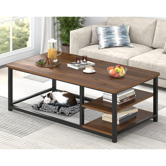 Rustic Walnut Coffee Table With Storage Shelf, Industrial Rectangle Center