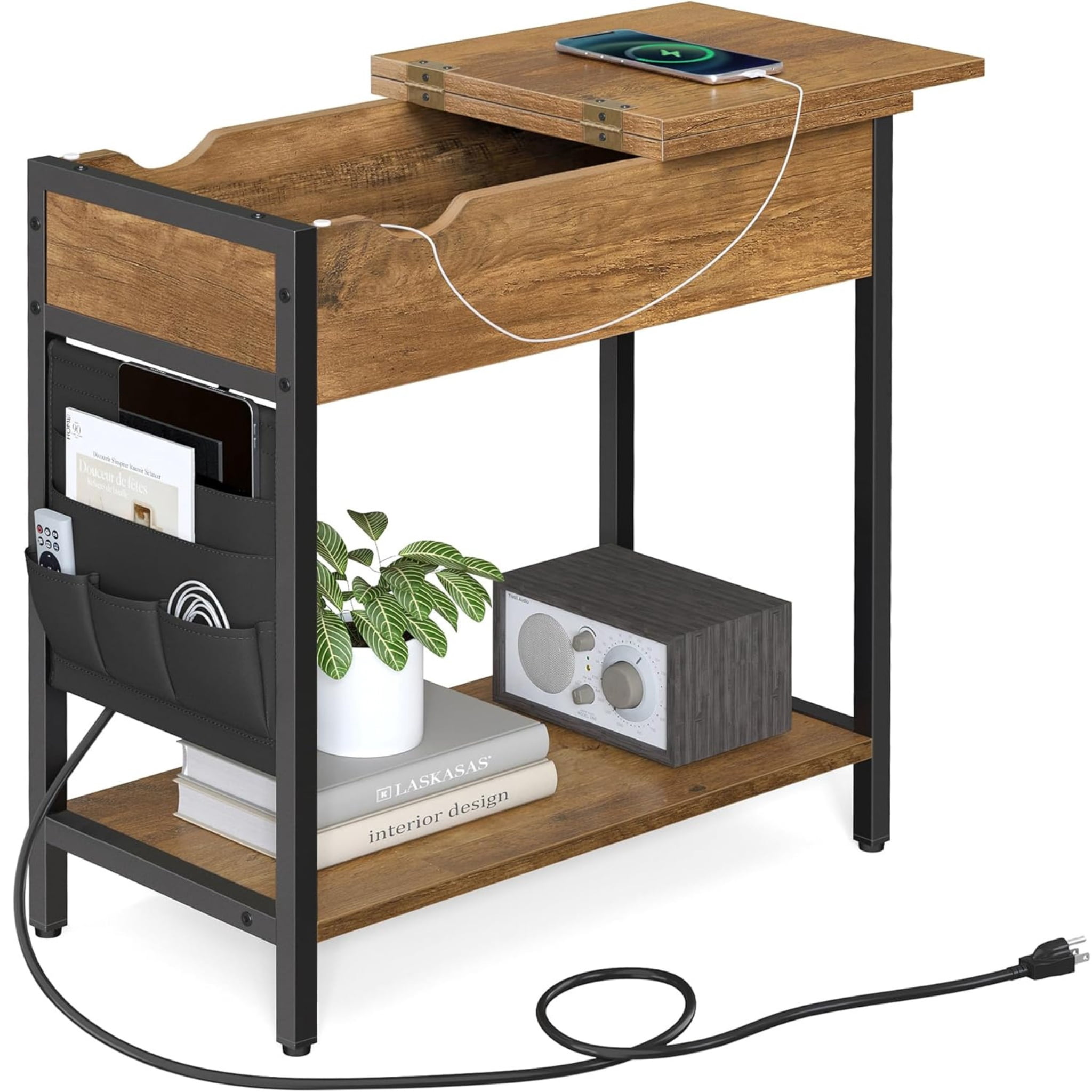 Rustic Walnut and Black Industrial Side Table with Built-In Charging Station, USB Ports, and Side Fabric Storage Pockets