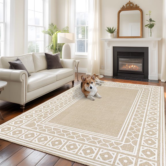 Rustic Washable Area Rug 5x8 Boho Diamond Pattern Border Southwestern Low-Profile Large Area Rugs with Non Slip Backing Indoor Floor Carpet for Entrance Living Room Bedroom Home Office