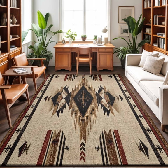 Rustic Washable Area Rug 9 x 12 ft Native American Aztec Bohemian Southwestern, Soft Non Slip Rugs Stain Repellent Indoor Felt Carpet for Living Dining Room Bedroom Home Office