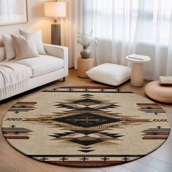 Rustic Washable Round Area Rug 6 ft, Native American Aztec Bohemian Southwestern, Soft Non Slip Rugs Stain Repellent Indoor Felt Carpet for Living Dining Room Bedroom Home Office