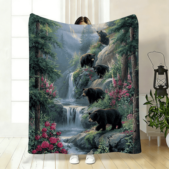 Rustic Watercolor Black Bear Florals pattern Flannel Blanket Gifts, Soft and Warm Flannel Blankets for Travel, Camping, Sofa, Livingroom, Couch, Chair, Bed. Gift for Family or Friends.