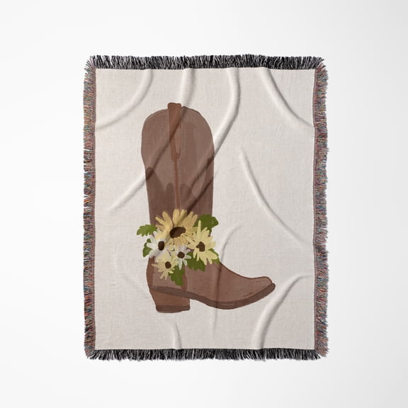 Rustic Watercolor Cowboy Boot Yellow Daisies , Woven Blanket