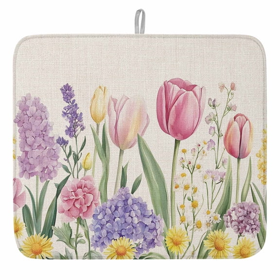 Rustic Watercolor Floral Dish Drying Mat, Tulip Hydrangea Absorbent Dish Drying Matt Pad for Kitchen Countertops,Sinks,Dish Drainer Racks, Large 18x24inx1PC,, Pink Purple Yellow