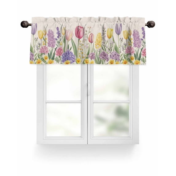 Rustic Watercolor Floral Kitchen Valances for Windows Tulip Hydrangea Valance Curtains&nbsp; for Kitchen /Living Room/Bedroom/ Bathroom Decor, 42"x12 " ,Rod Pocket 1 Panel, Pink Purple Yellow