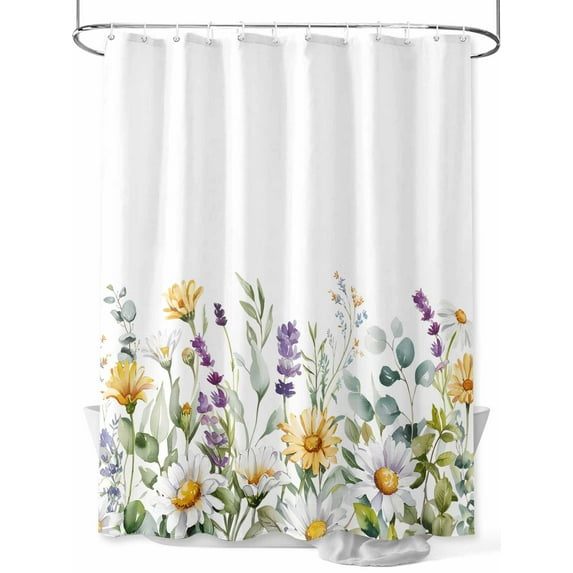 Rustic Watercolor Floral Shower Curtain, Yellow White Daisy Green Leaf Bathroom Decor Curtains Set with Hooks, White Waterproof Fabric Home Accessories， Stall 36 X 78 Inch