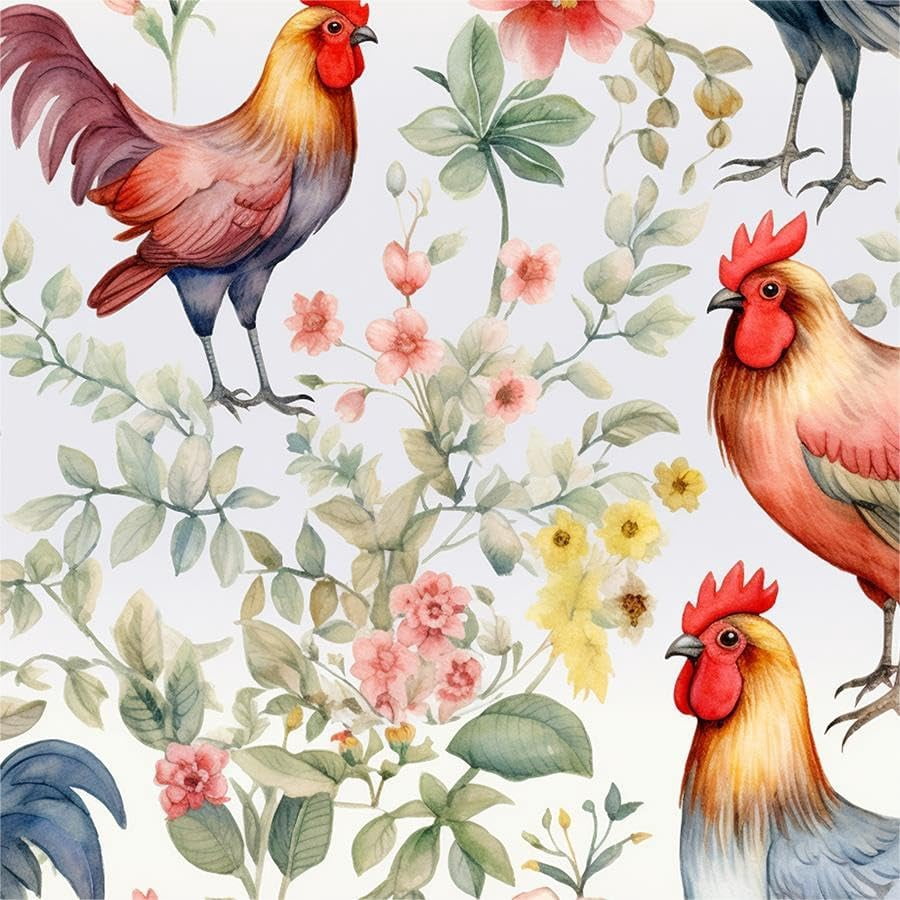 Rustic Watercolor Flowers Red Yellow Pink Rooster Farm Peel and Stick Wallpaper Contact Paper Vintage Vinyl Stick on Wall Paper for Bedroom Bathroom Kitchen Cabinet Renter Friendly