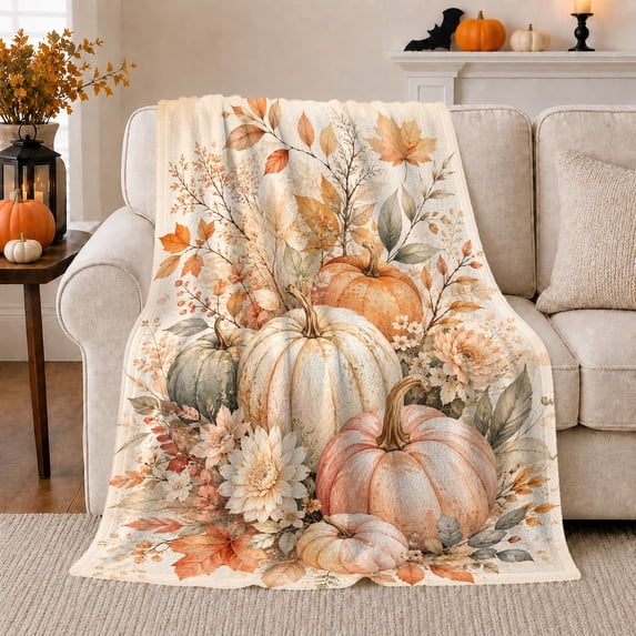 Rustic Watercolor Pumpkin Autumn Leaf Still Life, Cozy Friendship Quote Scene, Warm Flannel Blanket for Living Room and Reading Nook, Art Lovers Thanksgiving Gift, Artistic Home Decor