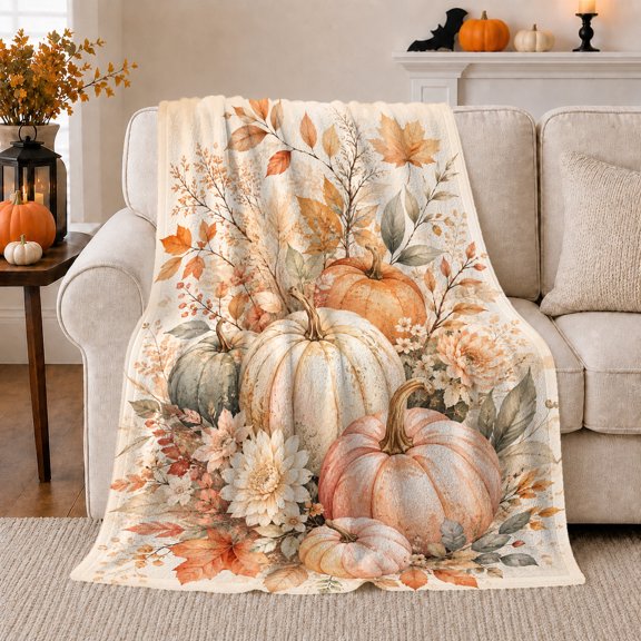 Rustic Watercolor Pumpkin Autumn Leaf Still Life, Cozy Friendship Quote Scene, Warm Flannel Blanket for Living Room and Reading Nook, Art Lovers Thanksgiving Gift, Artistic Home Decor