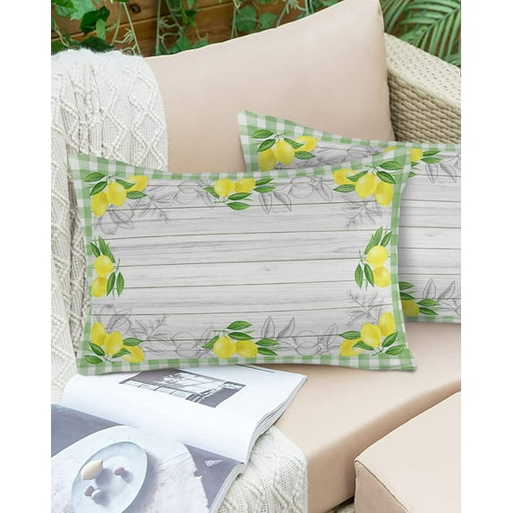 Rustic Watercolor Sketch Lemon Fruit Outdoor Pillow Covers Set of 2,Decorative Waterproof Throw Pillow Case,Green Lattice on Farm Wood Barn Cotton Linen Soft Cozy Cushion Pillowcases