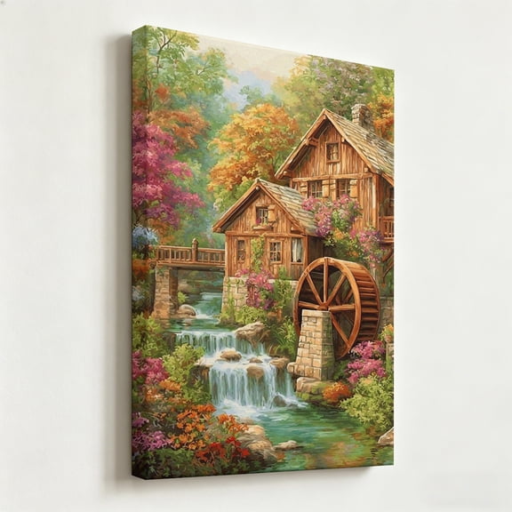 "Rustic Watermill by the Cascading Stream" Countryside Landscape Canvas Art, Idyllic Forest Cabin Painting Print, Matte Finish Gallery Wrapped Nature Wall Decor 24*36