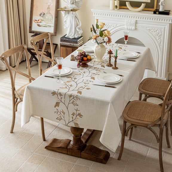 Rustic Waterproof Linen Tablecloth Heavy Weight Beige Embroidery Table Cloths For Rectangle Tables Burlap Farmhouse Covers (coffee Leaves 55''x 70'')