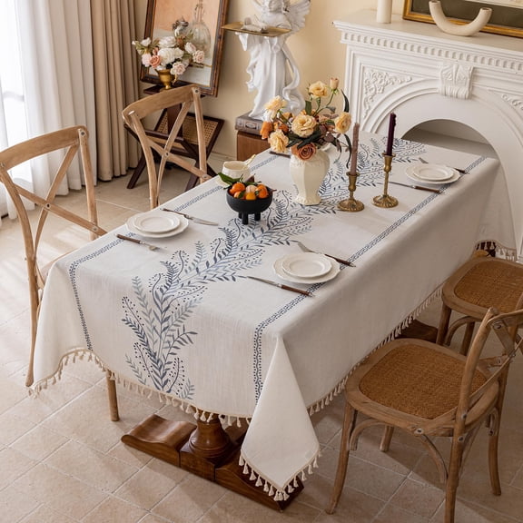 Rustic Waterproof Linen Tablecloth Heavy Weight Fern Embroidery Table Cloths For Square Tables Farmhouse Spill-proof Covers With Tassels Blue 55''x 55''
