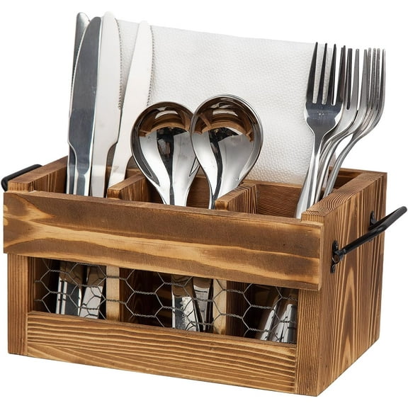Rustic Weathered Brown Wood Utensil & Napkin Holder Black Metal Handles Chicken Wire Front Panel Kitchenware and Tableware Organizer Wooden Cutlery Storage Caddy Kitchen Dining Room Fork Spoon