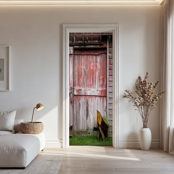 Rustic Weathered Red Barn Door Sticker, Vintage Farmhouse Door Mural Decal for Country Home Decor