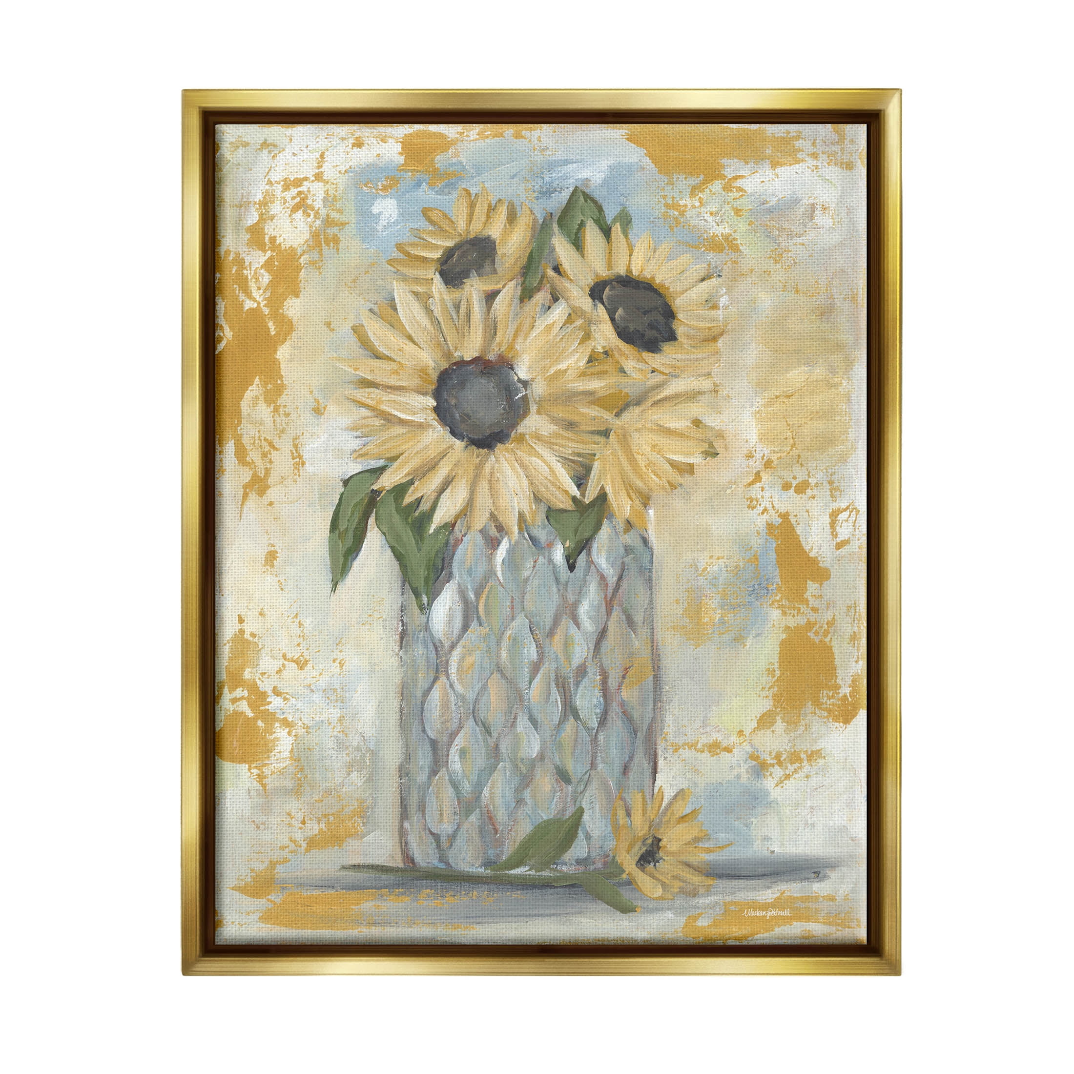 Rustic Weathered Sunflower Vase Botanical & Floral Graphic Art Metallic Gold Framed Art Print Wall Art