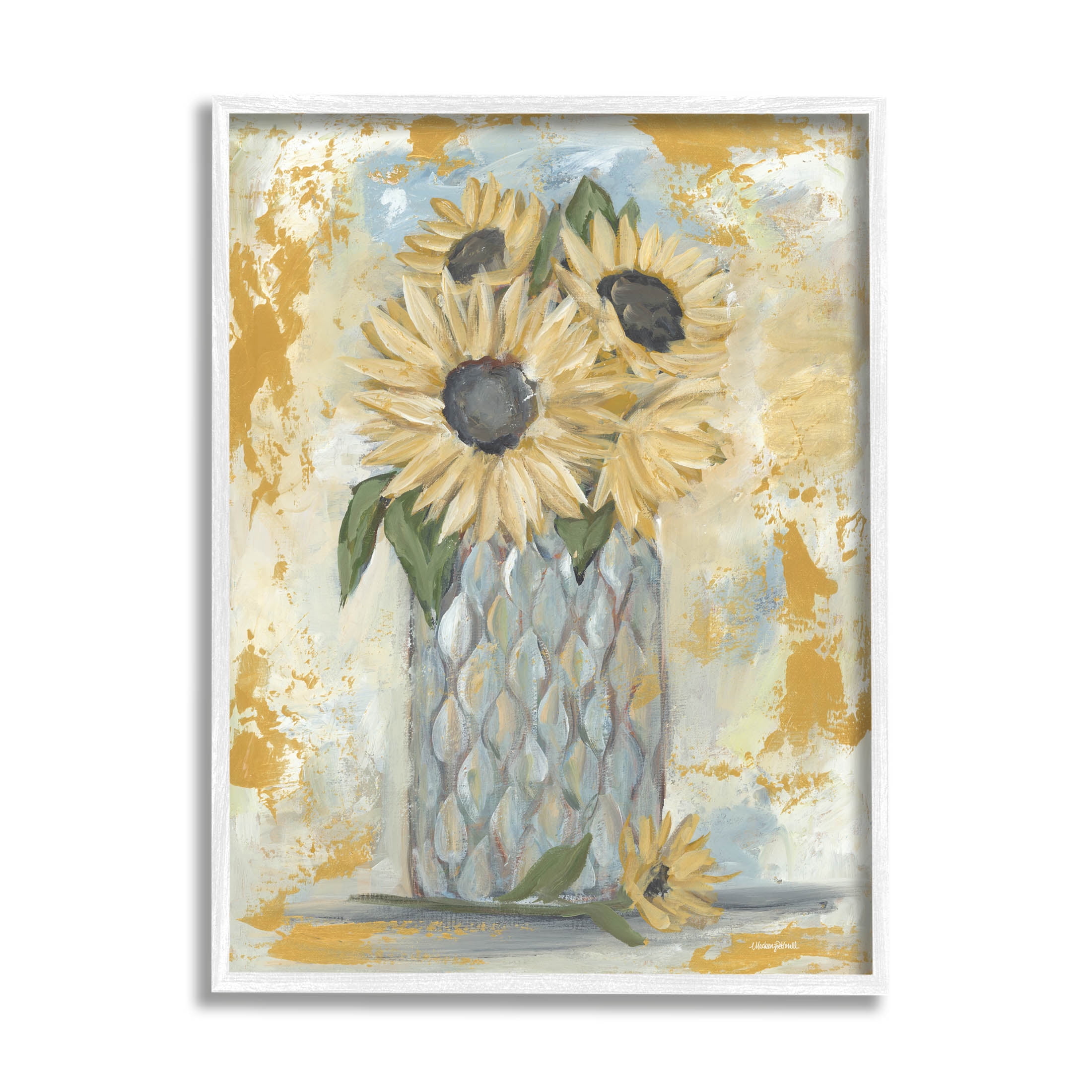 Rustic Weathered Sunflower Vase Botanical & Floral Graphic Art White Framed Art Print Wall Art