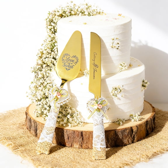 Rustic Wedding Cake Knife and Server Set with Lace & Burlap Handle Stainless Steel Cake Cutter and Pie Server for Bride and Groom, Engagement, Anniversary