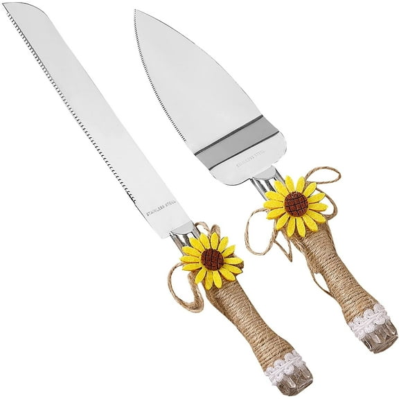 Rustic Wedding Cake Knife & Server Set with Sunflower Decor, Stainless Steel Cakes Bread Pizza Pie Cutter Serving, Great for Engagement Anniversary Birthday Parties Gift