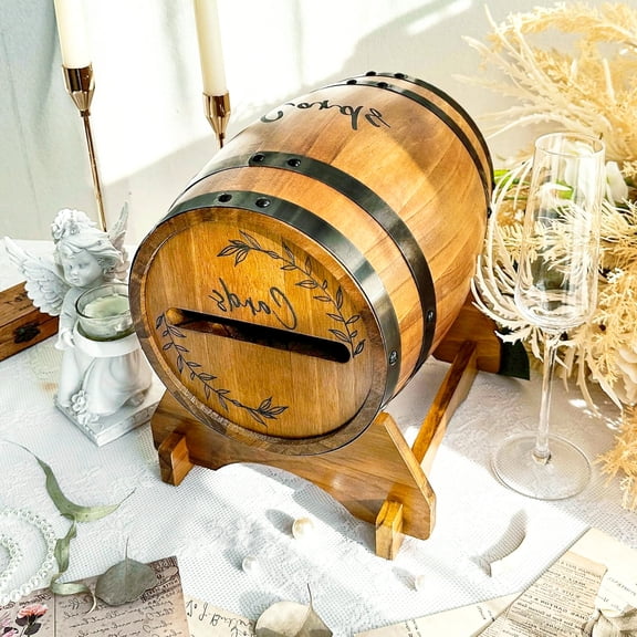 Rustic Wedding Card Box With Slot, Whiskey Barrel Design For Celebration