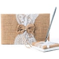 thumbnail image 1 of Rustic Wedding Guest Book Made of Burlap and Lace - Includes Matching Pen Holder and Silver Pen - 120 Lined Pages for Guest Thoughts - Comes in Gift Box (Burlap Bow with Pearl Center), 1 of 5