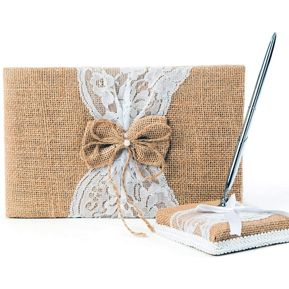 Rustic Wedding Guest Book Made of Burlap and Lace - Includes Matching Pen Holder and Silver Pen - 120 Lined Pages for Guest Thoughts - Comes in Gift Box (Burlap Bow with Pearl Center)