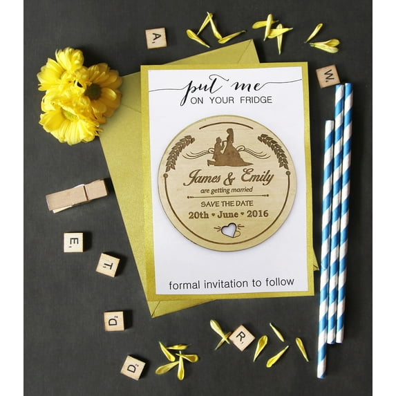 Rustic Wedding Save the Date Wooden Magnet 50 Engraved Wooden Magnet Personalized Gift
