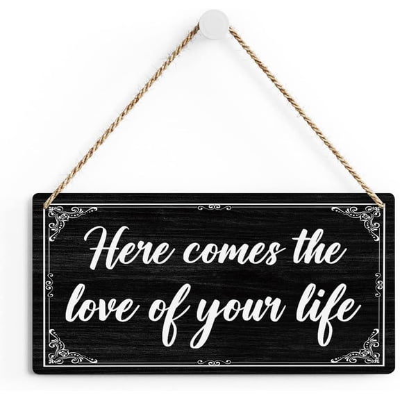 Rustic Wedding Wood Decor Sign, Here Comes the Love of Your Life Printed Wood Sign Wall Art, Hanging Door Sign, Decorative Wood Sign Home Decor 10x5 Inch