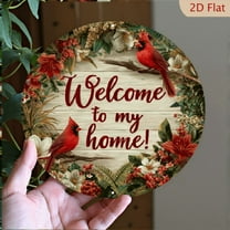 Rustic Welcome to My Home Cardinal Wall Sign - 8x8 Inch Round Aluminum Decor with Vibrant Red Cardinals Floral Wreath, Durable Entryway, Porch, and Garden Decoration, Outdoor Decor