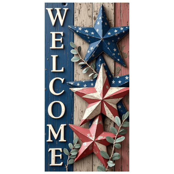 Rustic Welcome Sign American Star Patriotic Banner Decorative Wooden Stars for Home Decor Front Porch Indoor Outdoor