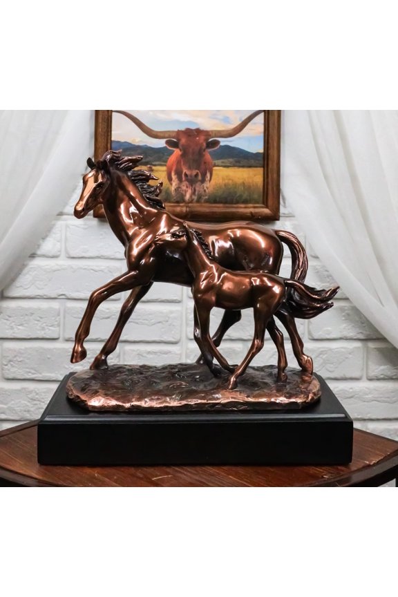 Rustic Western 2 Strolling Mare And Foal Equine Horses In Bronzed Resin Statue