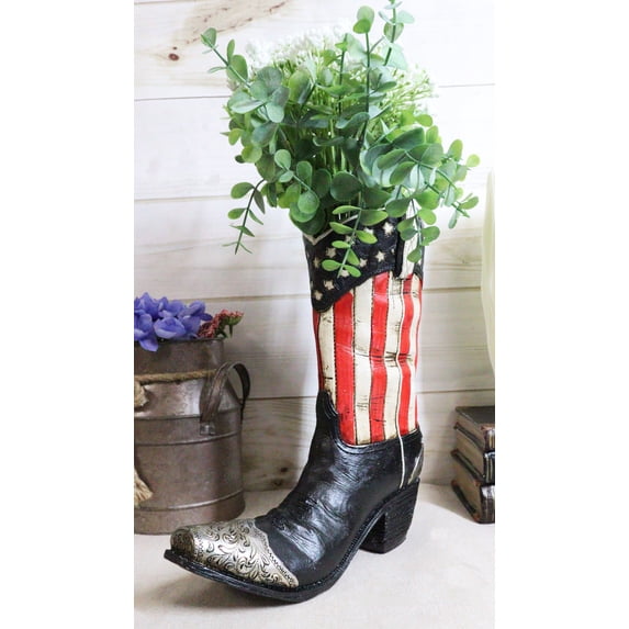 Rustic Western American Flag Old Faithful Patriotic Cowboy Boot Floral Vase