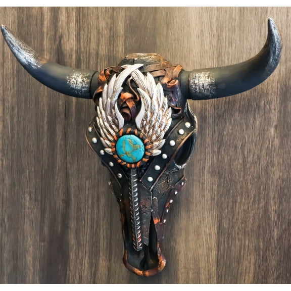 Rustic Western Angel Wings Turquoise Gem Steer Bull Cow Skull Wall Decor Plaque