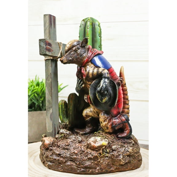 Rustic Western Armadillo Cowboy by Saguaro Cactus Praying By The Cross Figurine