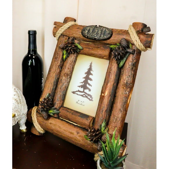 Rustic Western Autumn Fall Festive Pinecones With Wooden Log Picture Frame 5"X7"