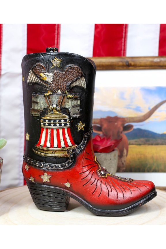 Rustic Western Bald Eagle Clutching Liberty Bell Cowboy Boot Vase 7"H Figurine