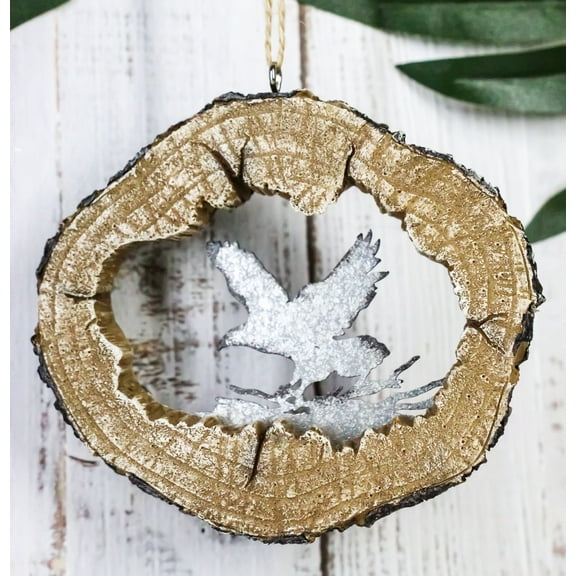 Rustic Western Bald Eagle Faux Wood Log Slice Set of 4 Christmas Tree Ornaments