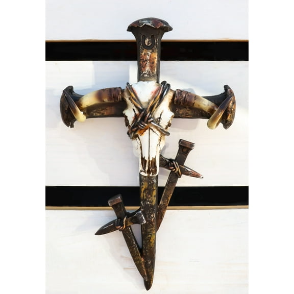 Rustic Western Barbed Wires Cow Skull With 3 Spike Nails Crosses Wall Cross