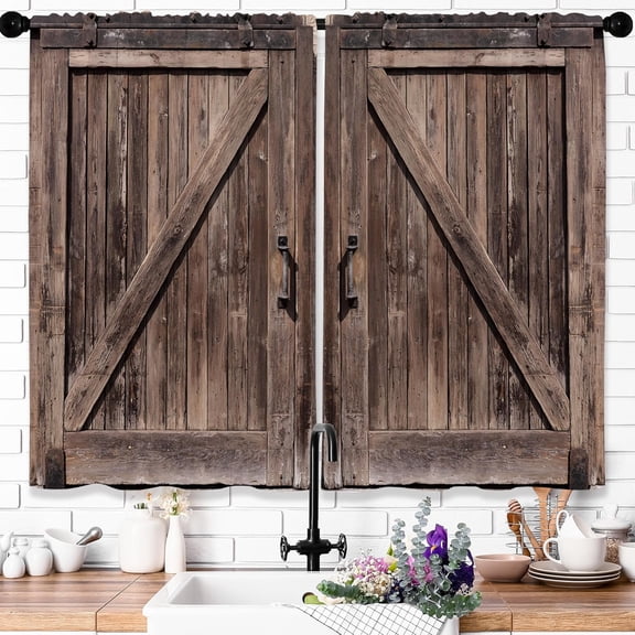 Rustic Western Barn Door Kitchen Curtains Small Short Country Curtains Brown Rust Farmhouse Bathroom Window Treatment Curtain Wooden Door Bedroom Drapes 27.5x36 Inch 2 Panels Set