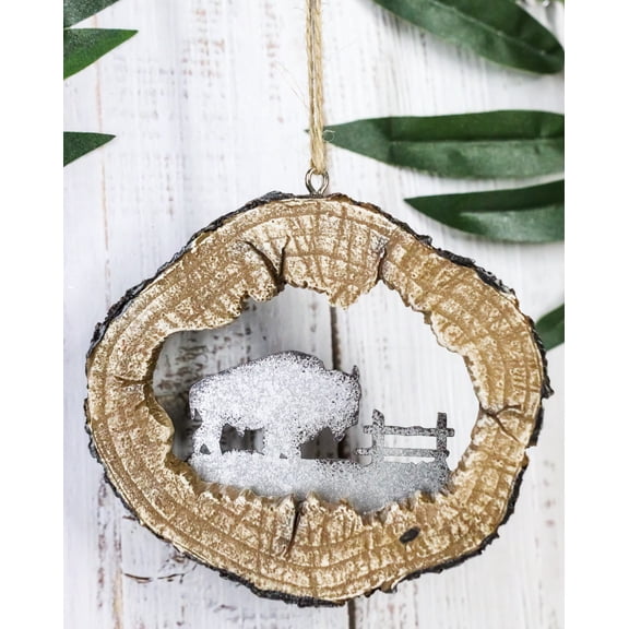 Rustic Western Bison Buffalo Faux Wood Log Set of 4 Christmas Tree Ornaments