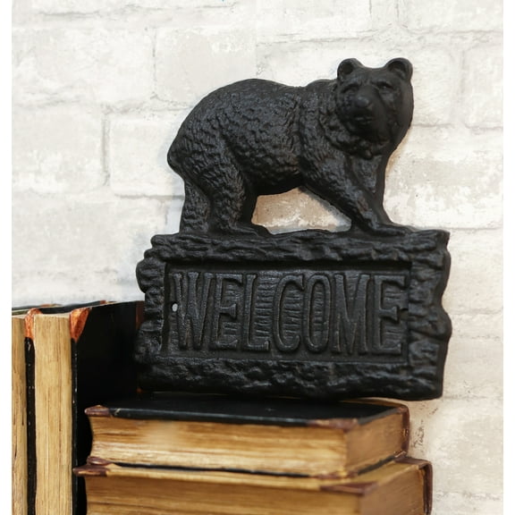 Rustic Western Black Bear On Tree Log Cast Iron Wall Art Welcome Sign Decor