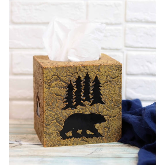 Rustic Western Black Bear Pine Trees Forest Silhouette Tissue Box Cover Holder
