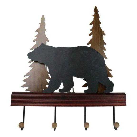 Rustic Western Black Bear Roaming Pine Forest 4 Pegs Wooden Wall Hooks Plaque
