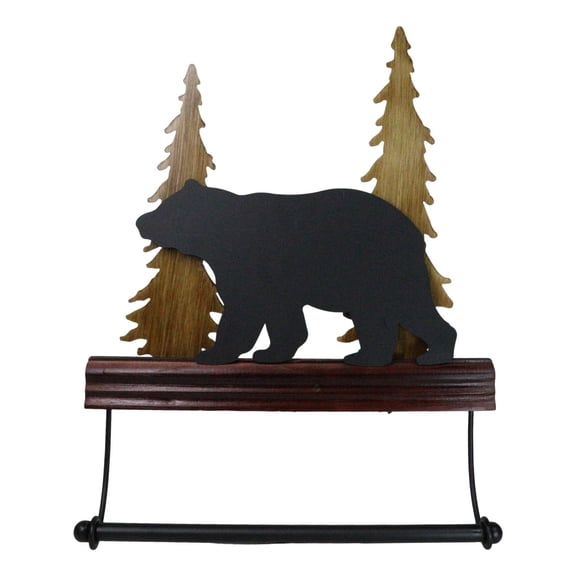 Rustic Western Black Bear by Pine Tree Forest Wooden Wall Hand Towel Holder Bar