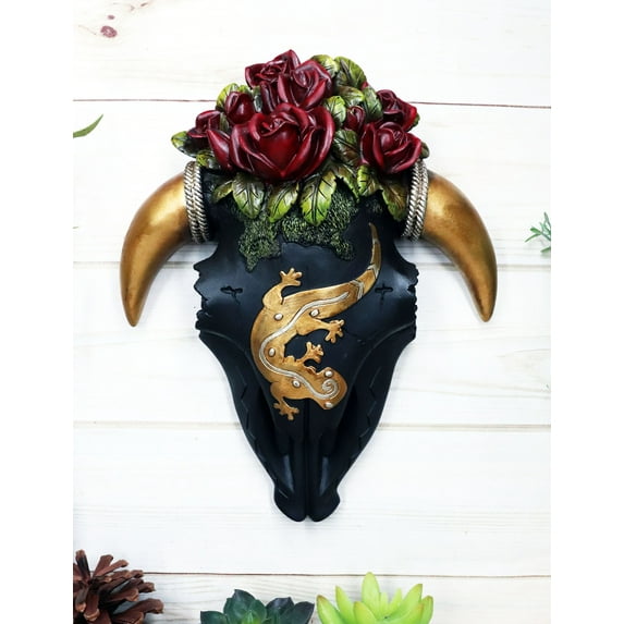 Rustic Western Black Cow Skull With Gecko Lizard And Red Roses Wall Decor Plaque
