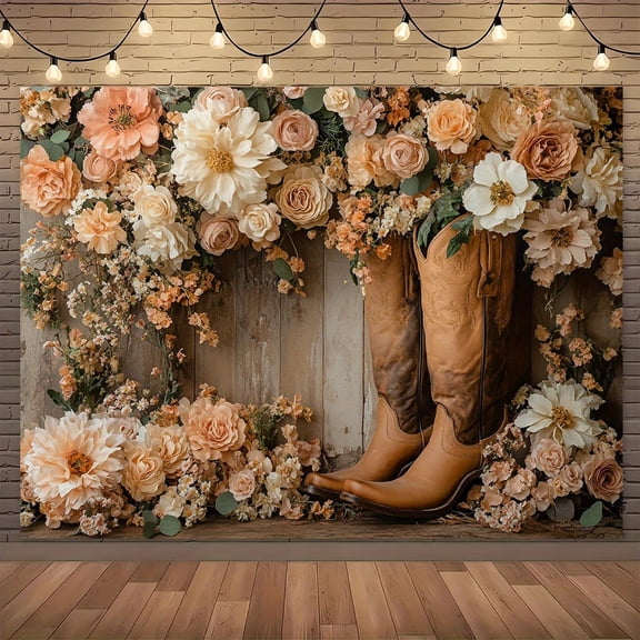 Rustic Western Boots and Floral Backdrop Boot Cowgirl Rustic Country Boho Bday Party Supplies Flower Country Photography Background Cake Table Decor Studio Photobooth Props Gift Favors