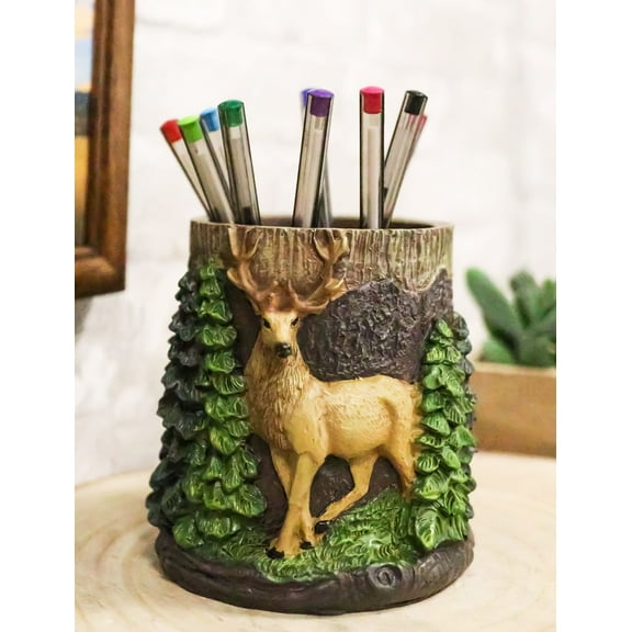 Rustic Western Buck Stag Deer By Green Forest Trees Stationery Pen Brush Holder