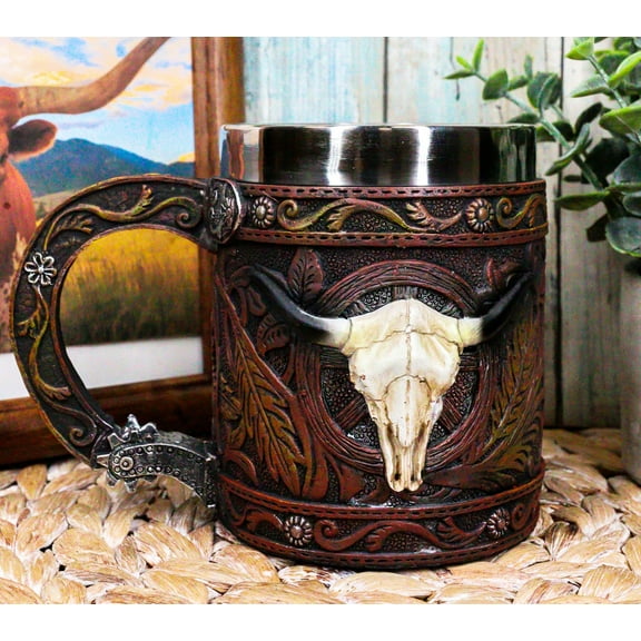 Rustic Western Bull Skull Cow With Dreamcatcher Feathers Faux Tooled Leather Mug